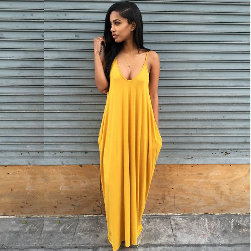 Online discount shop Australia - Fashion Summer Beach Dress women long dress Strapless Casual Loose Maxi Dress Sexy solid V-neck dress Plus Size PP943M