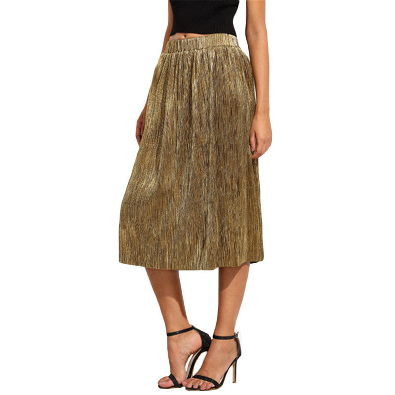 Online discount shop Australia - Fashion Skirts For Women Long Skirts Style Ladies Golden Loose Elegant Pleated Midi Skirt