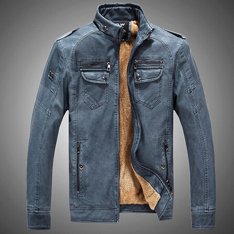 Men Leather Jacket Fur Stand Collar PU Motorcycle Jacket Men Wadded fashion Casual Parka