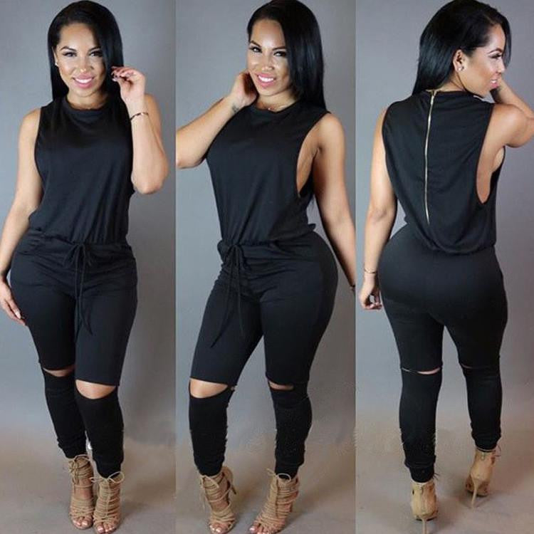 Women Drawstring Bodycon Jumpsuit Sleeveless Zipper Back Long Playsuits Round Collar Knee Cut Rompers Plus Size XXL