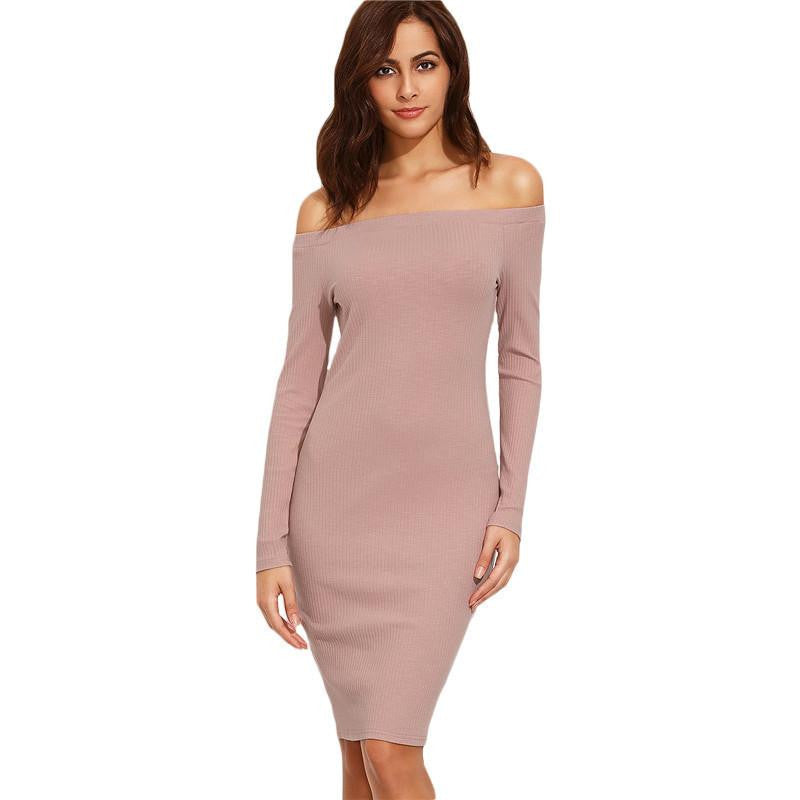 SheIn Elegant Dresses For Woman Autumn Ladies Plain Pink Off The Shoulder Long Sleeve Knee Length Sheath Dress