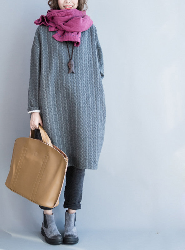 Online discount shop Australia - Autumn Plus Size Women Dress Cotton Full Sleeve Long Grey Casual Tops&Tees Striped Print Solid Fashion Midi Female New Dresses