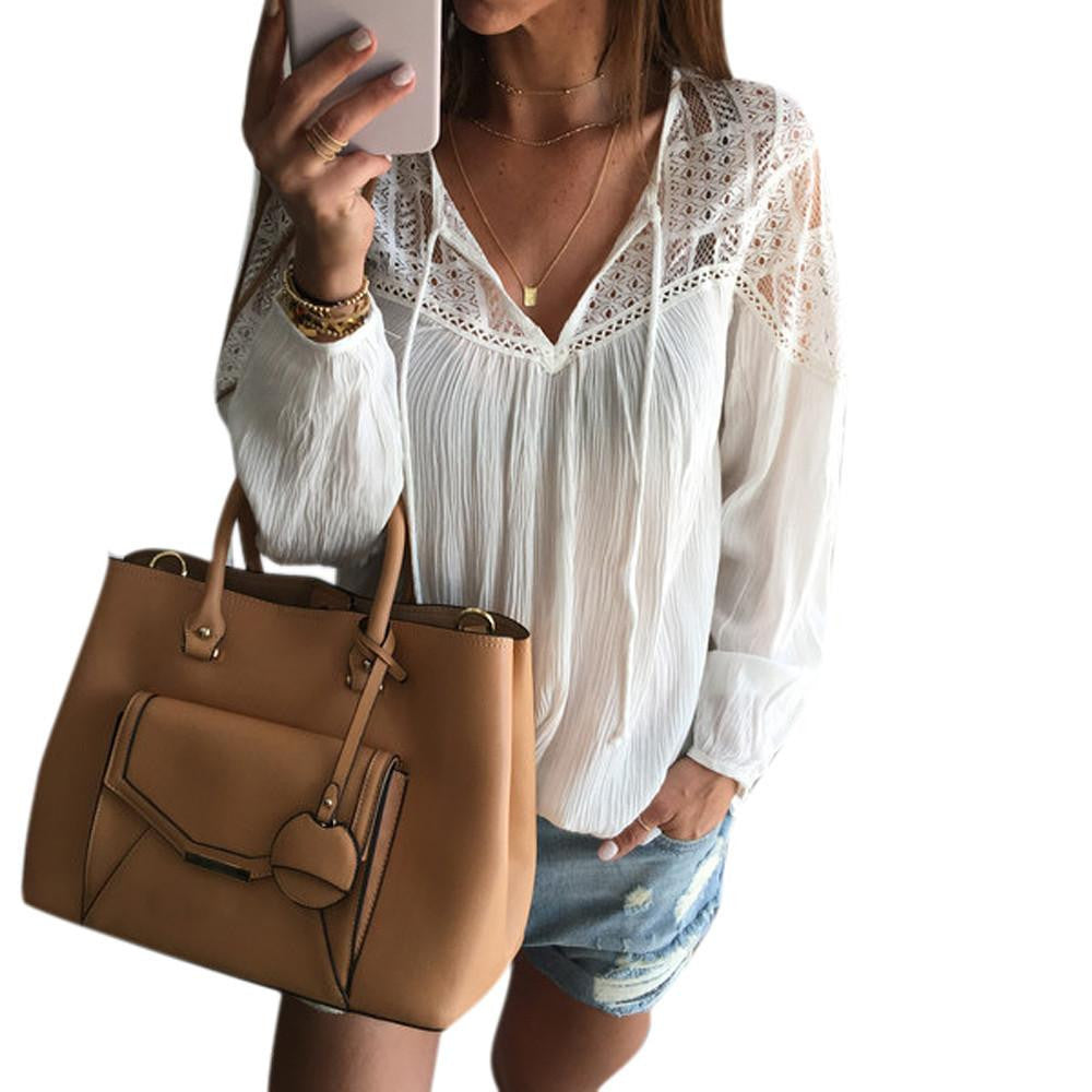 Women Chiffon Blouse Fashion Boho Lady Loose Lace Tops shirt Casual Shirt Women clothes