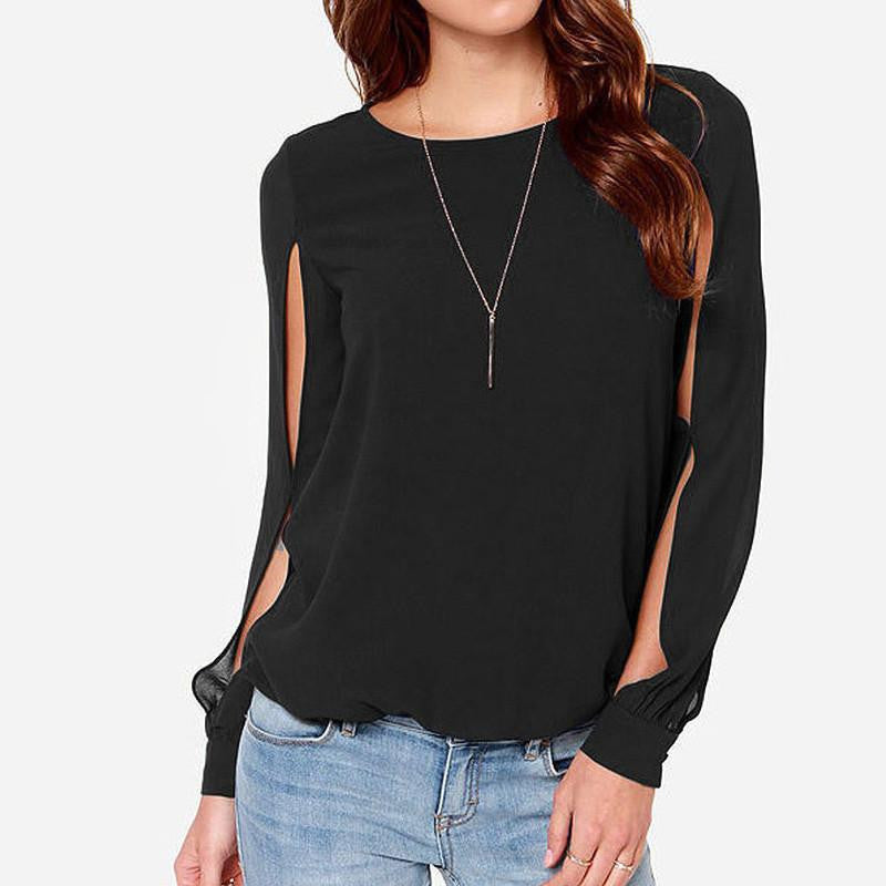 Women Casual Loose Long Sleeve Vintage Solid Chiffon Tops Tee T Shirt T-Shirt