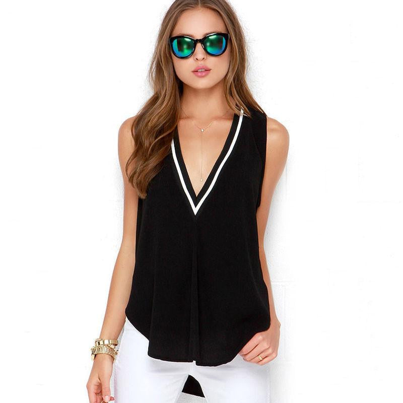 Womens V neck Striped Black Tops Irregular Fashions Sleeveless Lady T-shirts