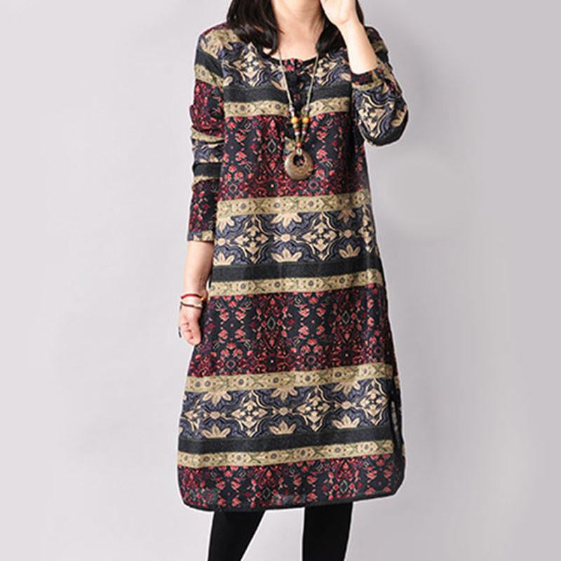Vintage Plus Size Long Sleeve Printed Ethnic Loose Cotton 3 Colors Linen Women Dress M-XXL size