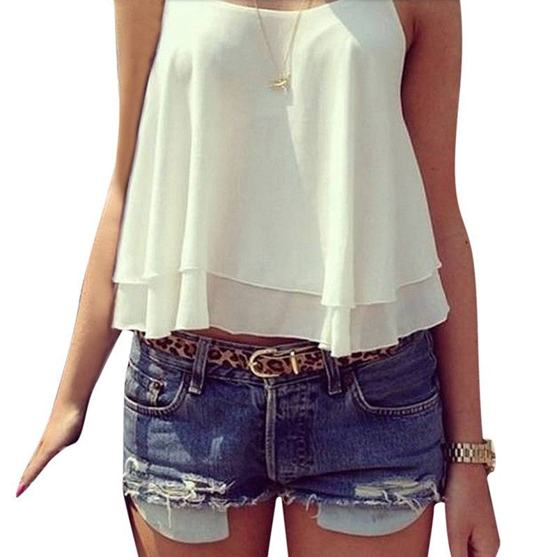 Women Strap Tank Tops Sleeveless White Chiffon Casual T-shirt Vest Crop Tops Camis S M L XL 2XL 3XL 4XL