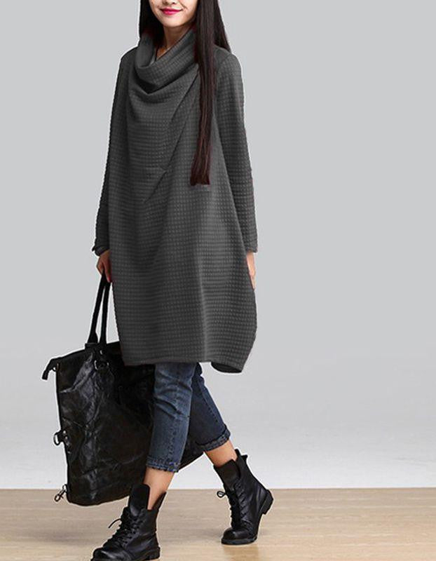 Women Casual Cotton Loose Scarf Collar Dress Temperament Long Sleeve Blouse Plus Size Dress
