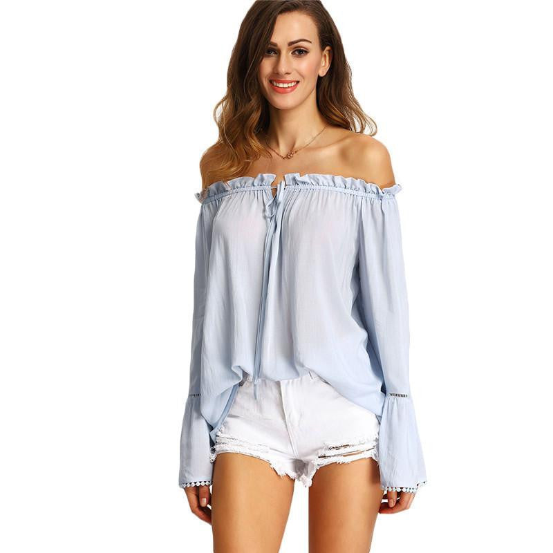 Women Cute Off The Shoulder Style Tops Casual Shirts Ladies Light Blue Bell Long Sleeve Blouse