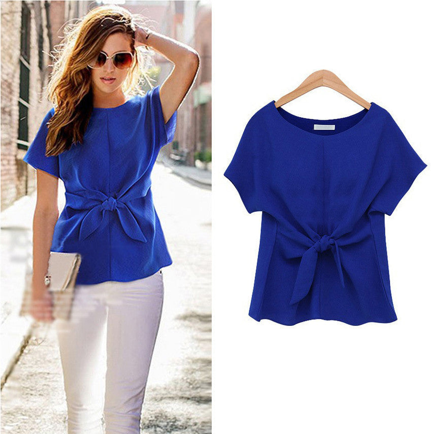 Online discount shop Australia - fashion women kimono Bowknot blouses O-neck short sleeve shirts chiffon casual vintage tops plus size XXXXL blouse