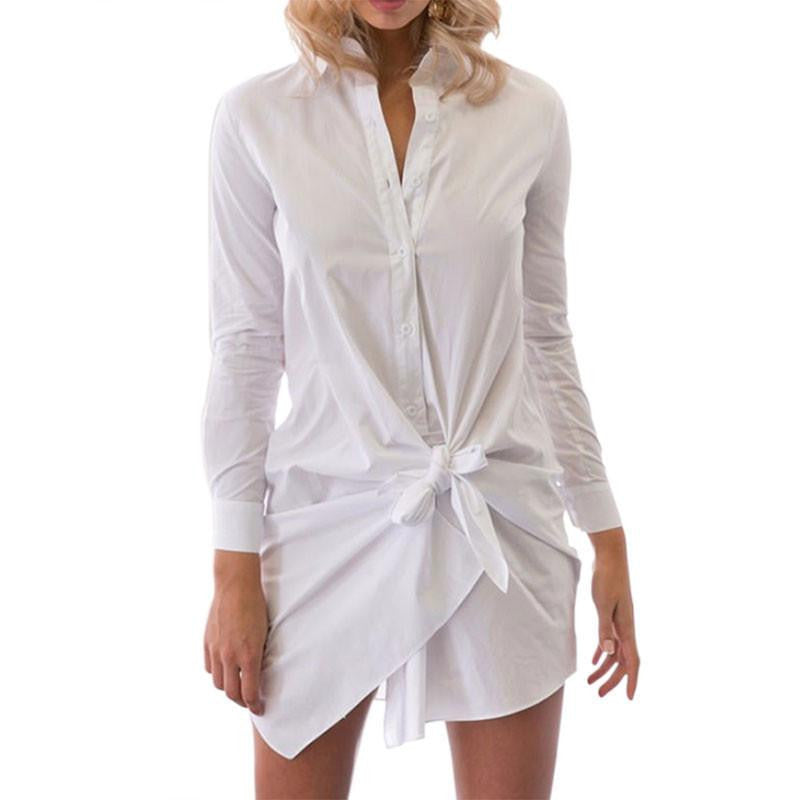 Front Bow Buttons long Sleeve Shirtdress Autumn Summer Casual Straight Office Shirt Dress Comfortable Cotton Blend Dress