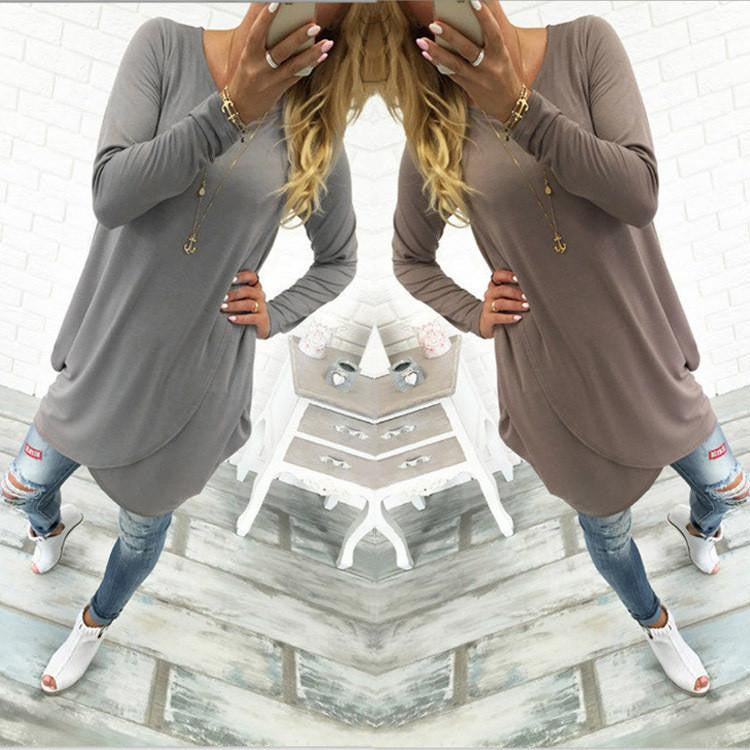 Women's O-neck Casual Loose Long Sleeve Dress & Irregular Hem Solid Dress For Women Ladies