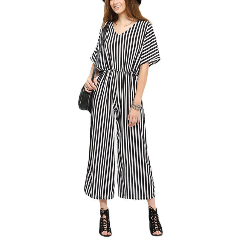 Work Surplice Back Vertical Striped Jumpsuit Women Hollow Out Half Sleeve V Neck Jumpsuits