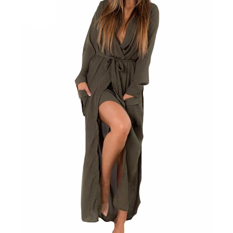 Women Casual Loose Deep V Neck Long Maxi Dress Split Chiffon Dress Plus Size
