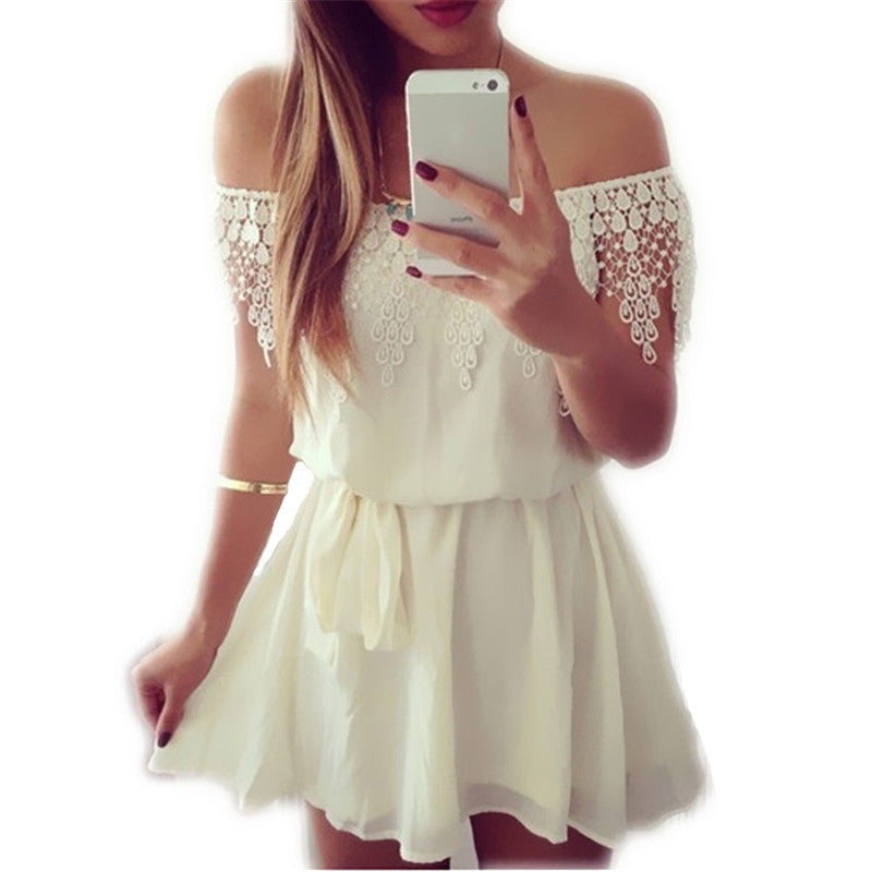 Fashion Summer Style Women Dress Ladies Off Shoulder Lace Crochet A Line Mini Dress Party Club