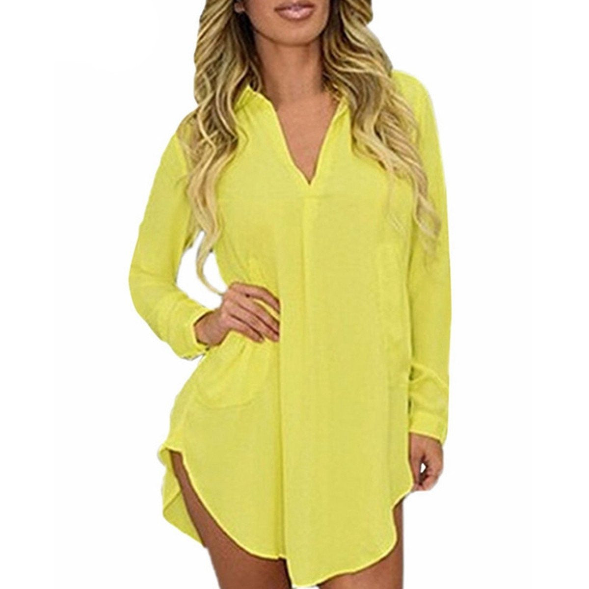 Women Casual Loose Long Chiffon Shirts Spring Long Sleeve Lapel Blouses Tops Plus Size Mini Dress Vestidos