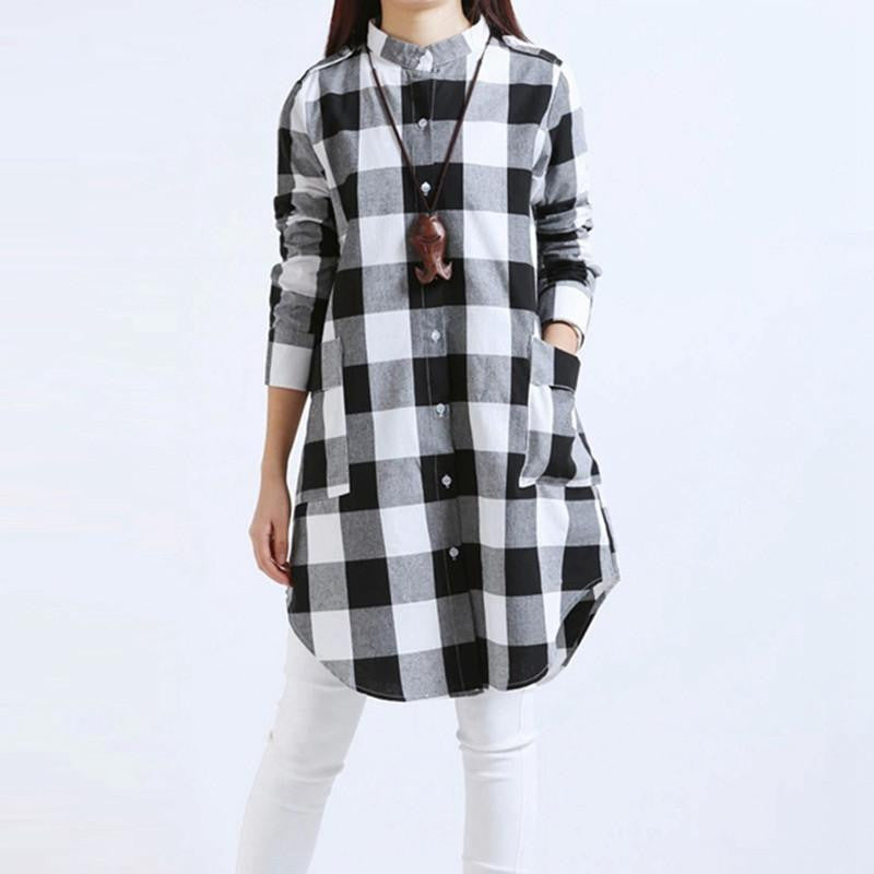 Women Fashion Plaid Shirts Blouse Long Casual Loose Vintage Dress Tops Plus Size M-XXL 2 Colors