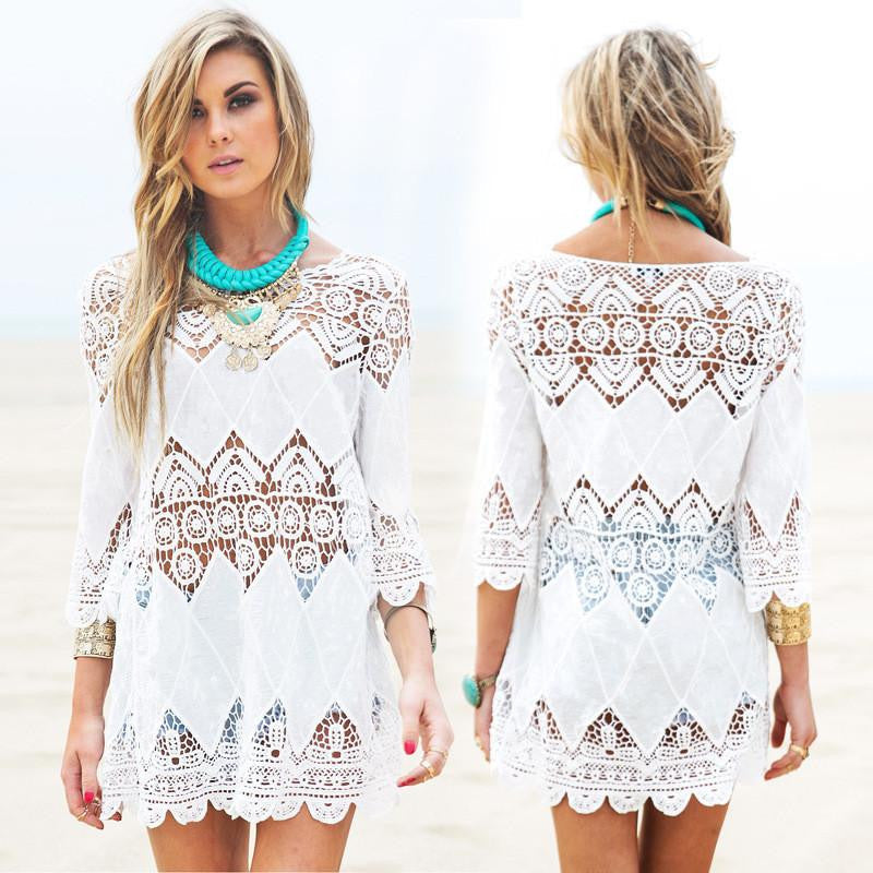 women lace beach dress splice casual white mini dresses sexy hot hollow out vestidos femininos solid swimwear output