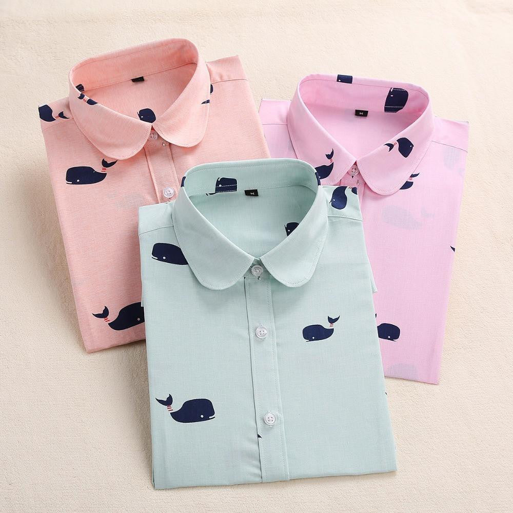Women Print Blouses Fashion Cartoon Blouse Whale Printed Shirt Long Sleeve Shirts Women Tops