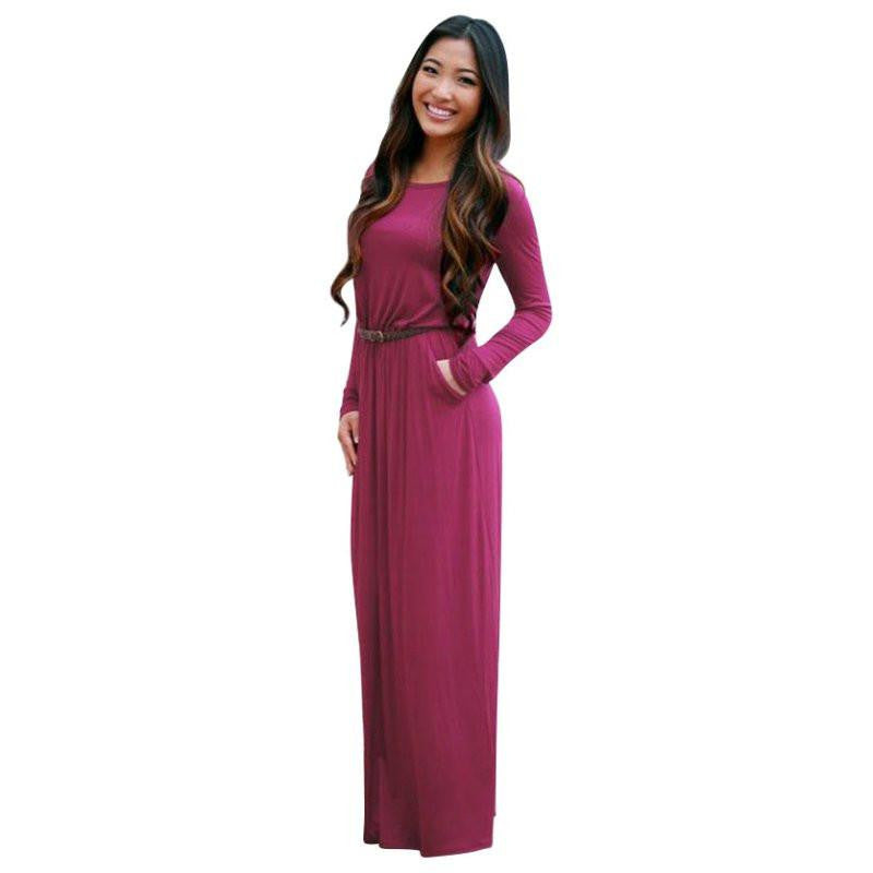 Woman Fashion Pocket Long Sleeve Long Maxi Dresses Black Dress Plus Size