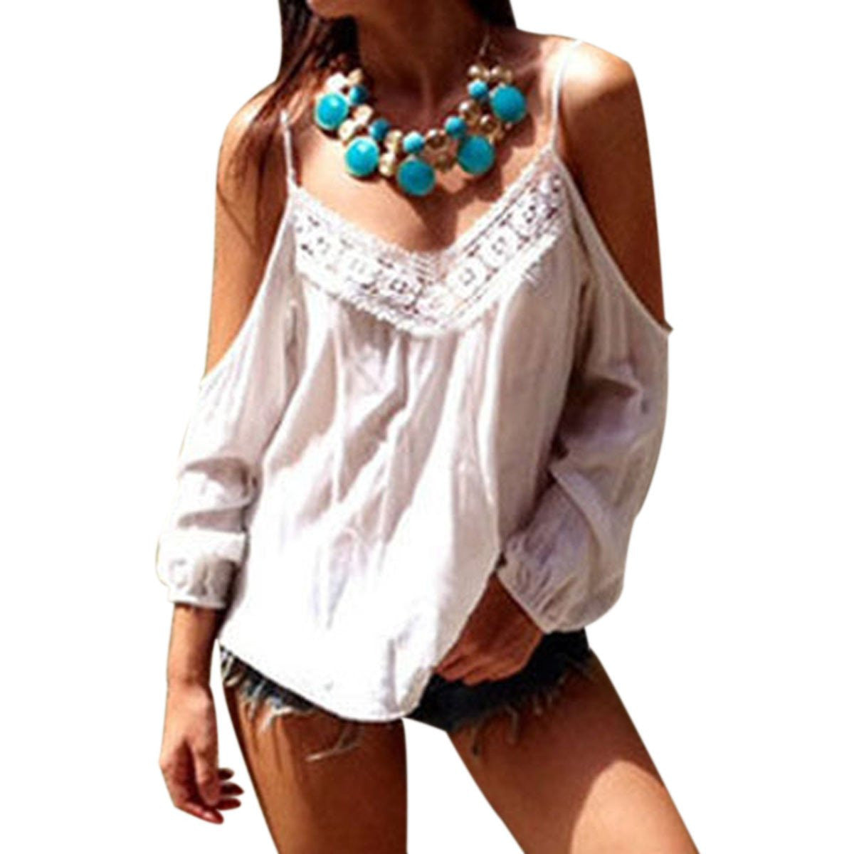 Womens Blouses Off Shoulder Blouse Tops Loose Long Sleeve Lace Patchwork Chiffon Shirts Plus Size S-4XL