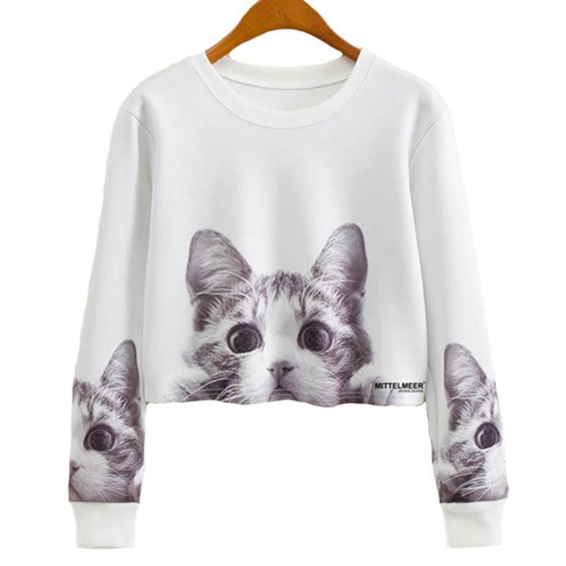 Women Casual Pullover Fashion Crop Tops Round Neck Long Sleeve Ladies Cat Short Cropped Sweatshirt