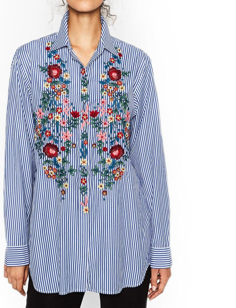 Striped Flower Embroidery Blouses Cute ZA Turn-down Collar Blouse Trendy Women Long Sleeve Casual HI-LO Side Split Shirt Top