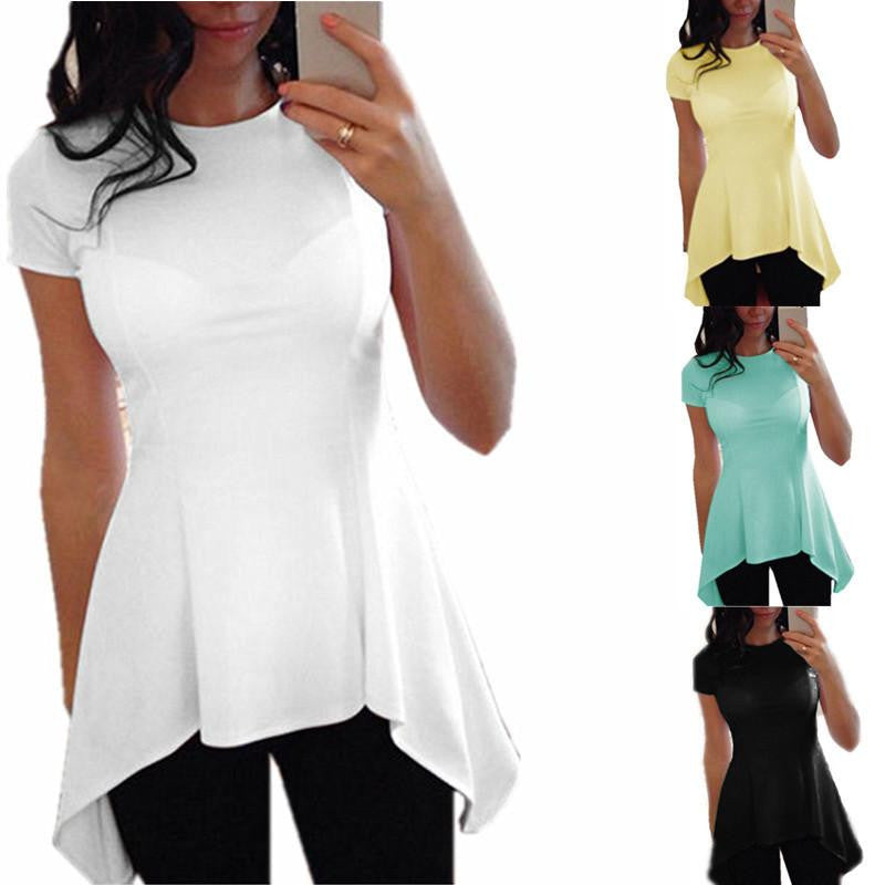 Style Women Blouse Fashion O-neck Short Sleeve Waist Slim Black White Tops Shirts Plus Size S-4XL