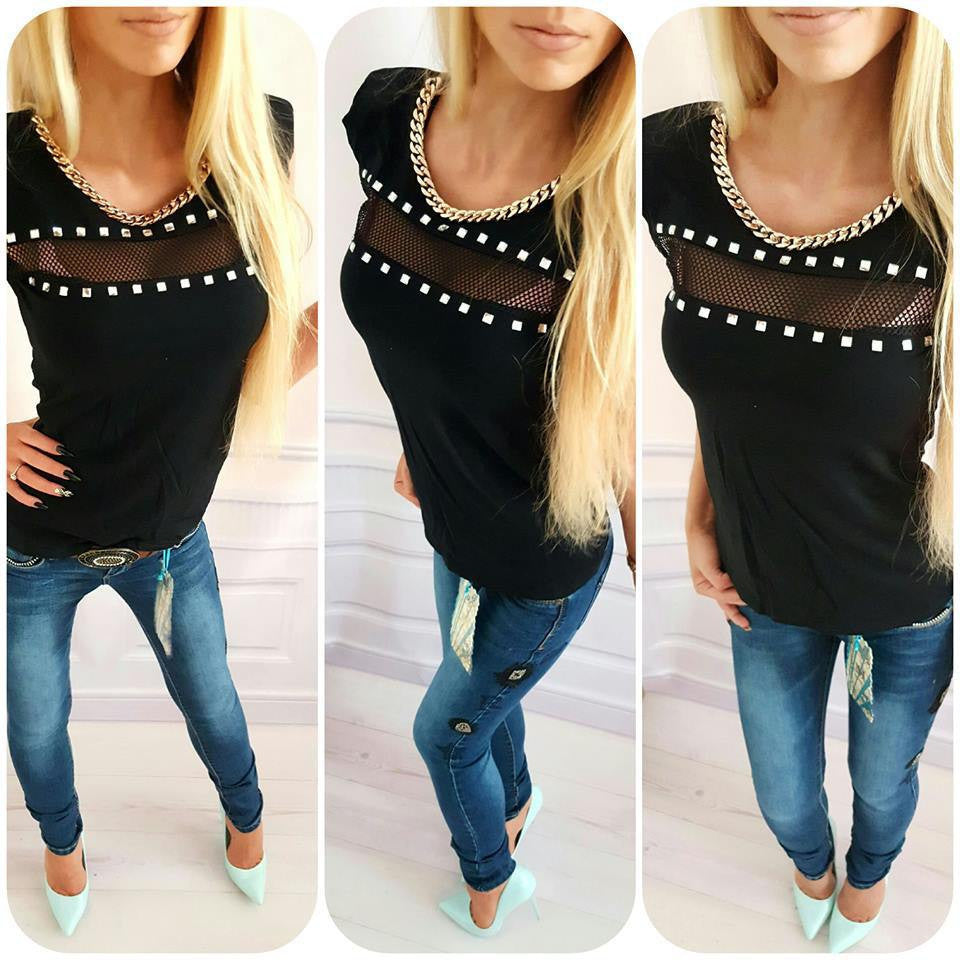 Online discount shop Australia - Fashion sexy women t shirt casual kawaii black chain rivet cotton hollow out lace clothing female tops shirts