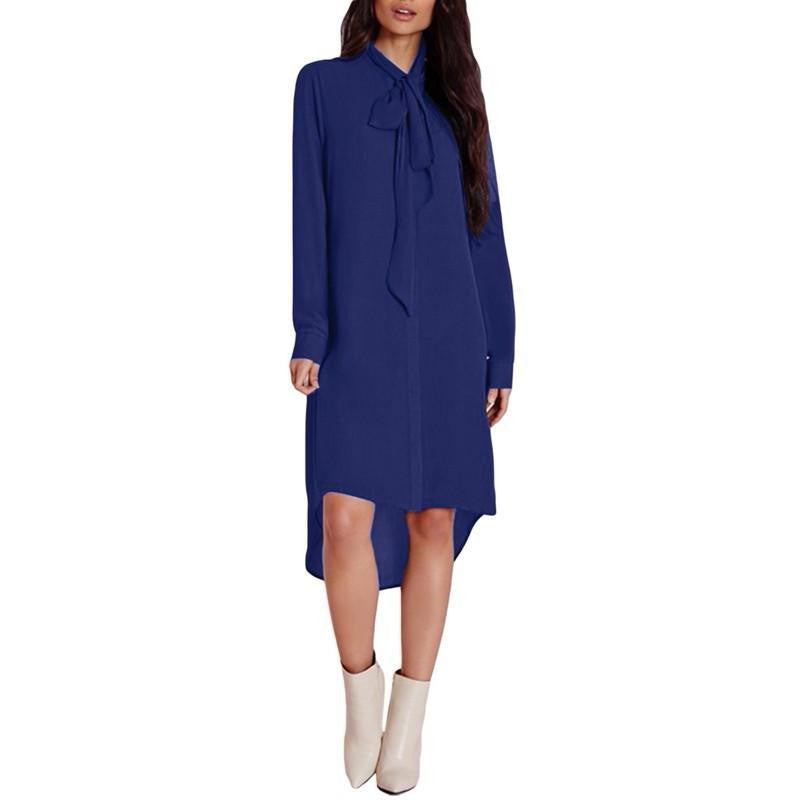 Women Shirt Dress Bow Long Sleeve Casual Amsymetircal Chiffon Blouse Tops Plus Size S-5XL