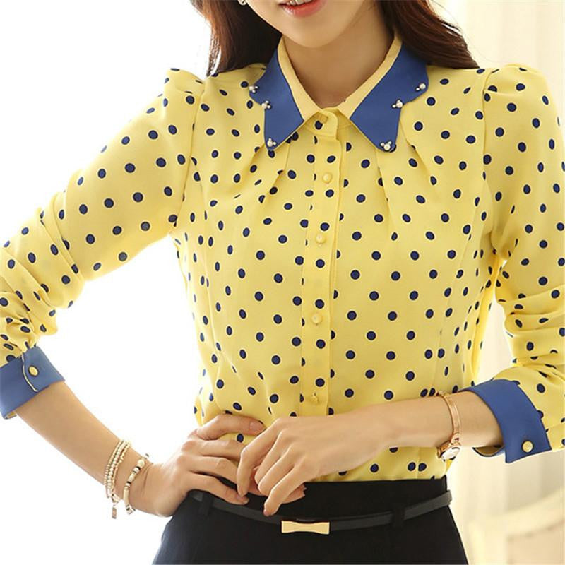 Women Chiffon Lapel Polka Dots Blouse OL Slim Shirt S-XL