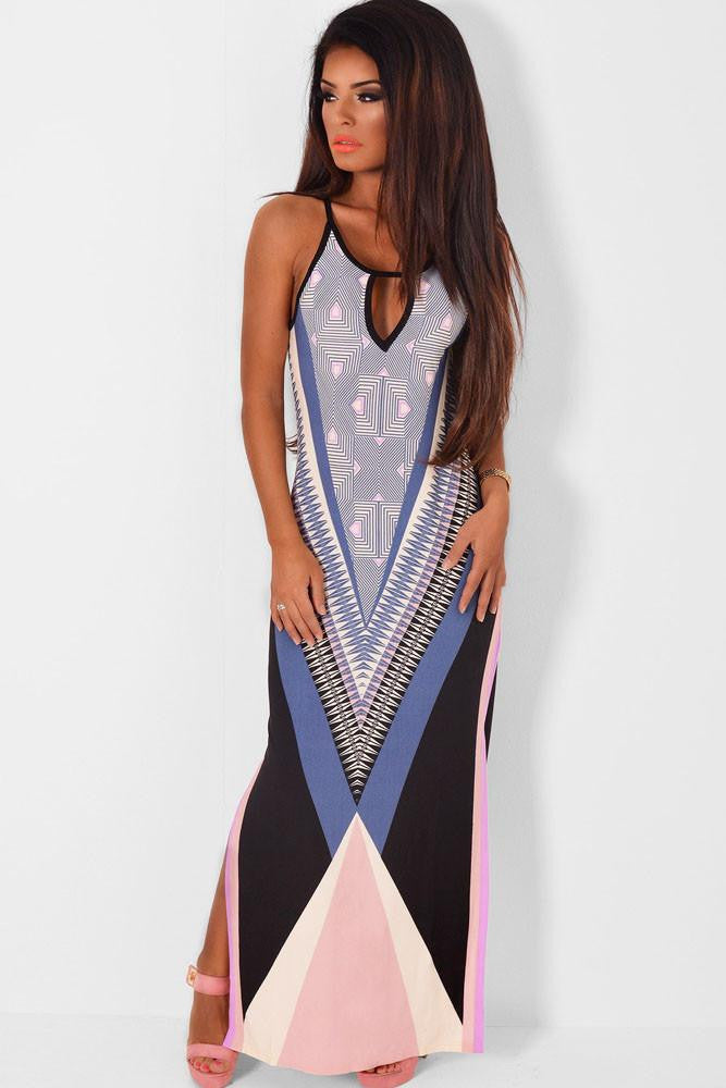 Women Style Summer Holiday Multicolor Keyhole Dress Multicolor Side Split Maxi Print Dress LC60650 Vestidos Longos