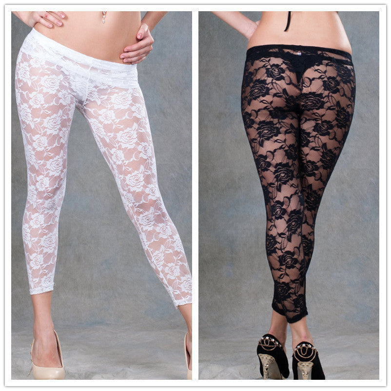 Pure black white see through fitness leggings transparent sexy leggings for women hollow out sexiest lace leggings