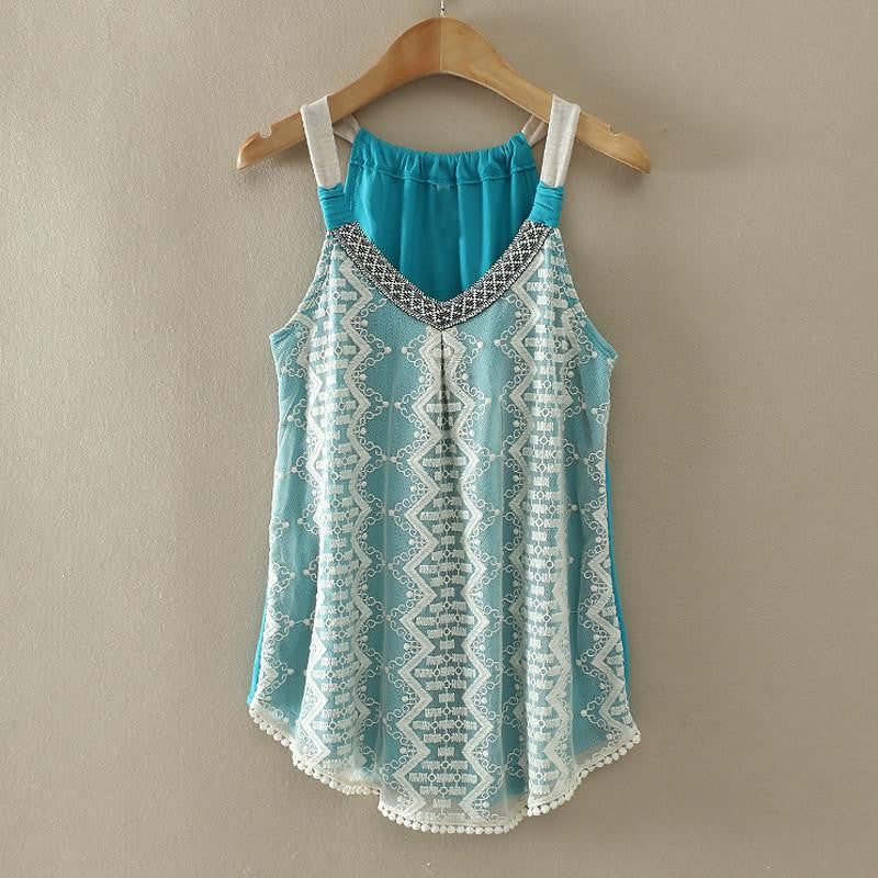 Women Tank top lace tops Crochet tassel shirt woman Vest lace Peacock Stripe Vest
