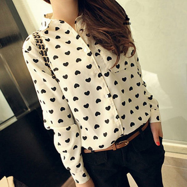 Online discount shop Australia - Fashion Vintage Women's Shirt Chiffon Blouse Love Heart Sweet Black Women Long Sleeve Tops
