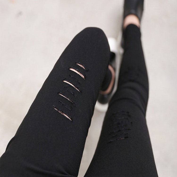 Online discount shop Australia - Cotton High Elastic Imitate Jeans Woman Knee Skinny Pencil Pants Slim Ripped Boyfriend Jeans For Women Black Ripped Jeans