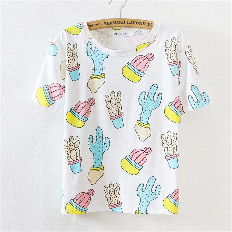 fresh tees cactus printing casual tops loose t-shirt women short-sleeve HARAJUKU woman t shirt Women's Clothing