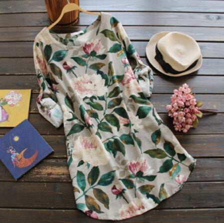 Rustic Peony flowers fresh green leaves print o-neck loose shirt mori girl