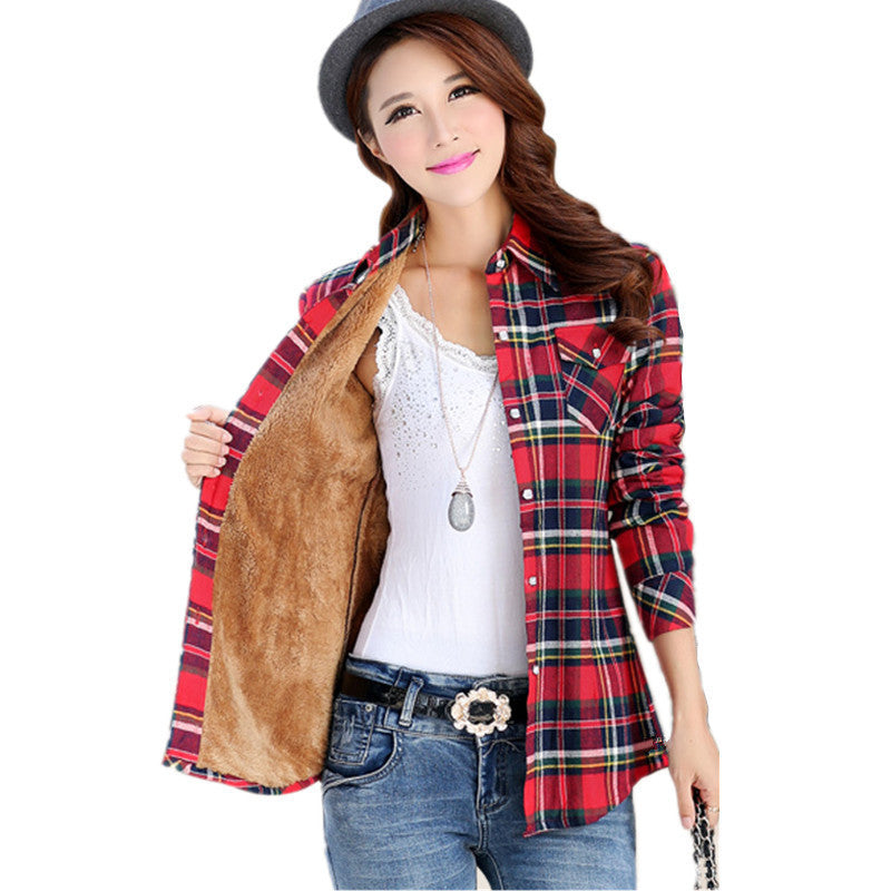 women's casual warm wool shirts blouse / Women's long sleeve plus velvet plaid shirt