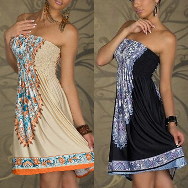 Women Mini Dress Casual Floral Bandeau Beach Summer Boho Maxi Sundress