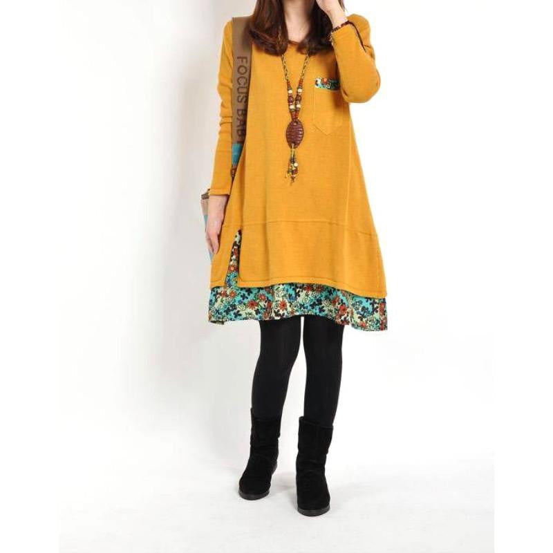 Women Floral Pieced Loose Casual Pullover Warm Skirt Dress Clothing LY7