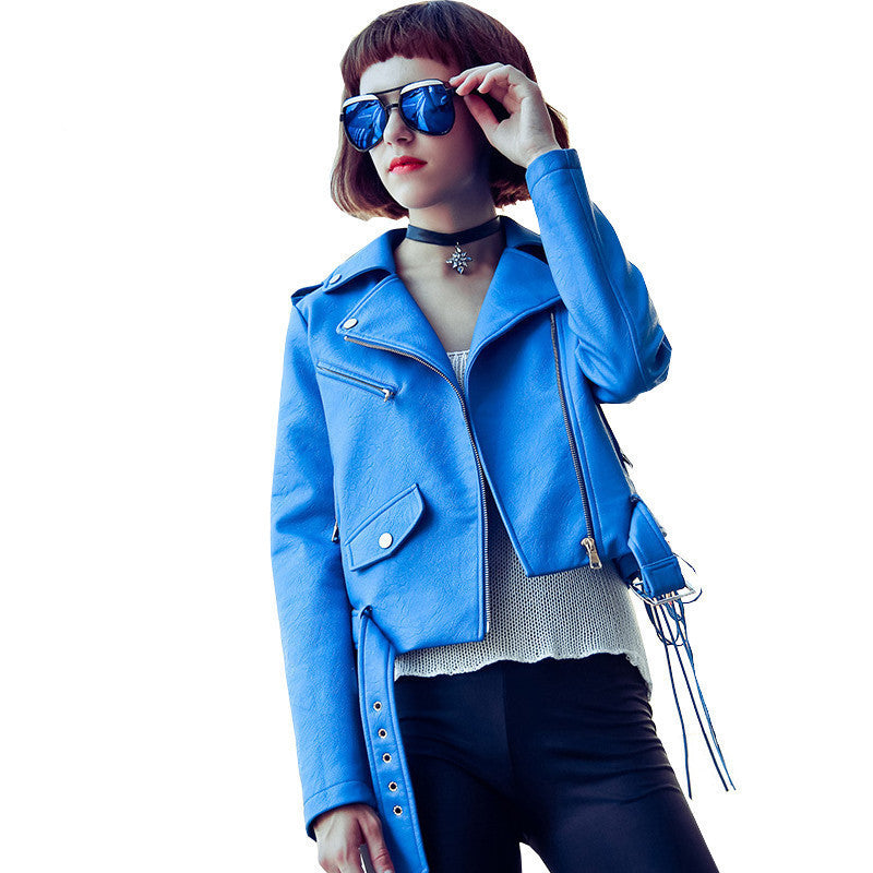 Online discount shop Australia - Blue Faux Leather Jacket Women Short Motorcycle Jacket Jaqueta De Couro Casaco Veste En Cuir With Belt Brand Coat