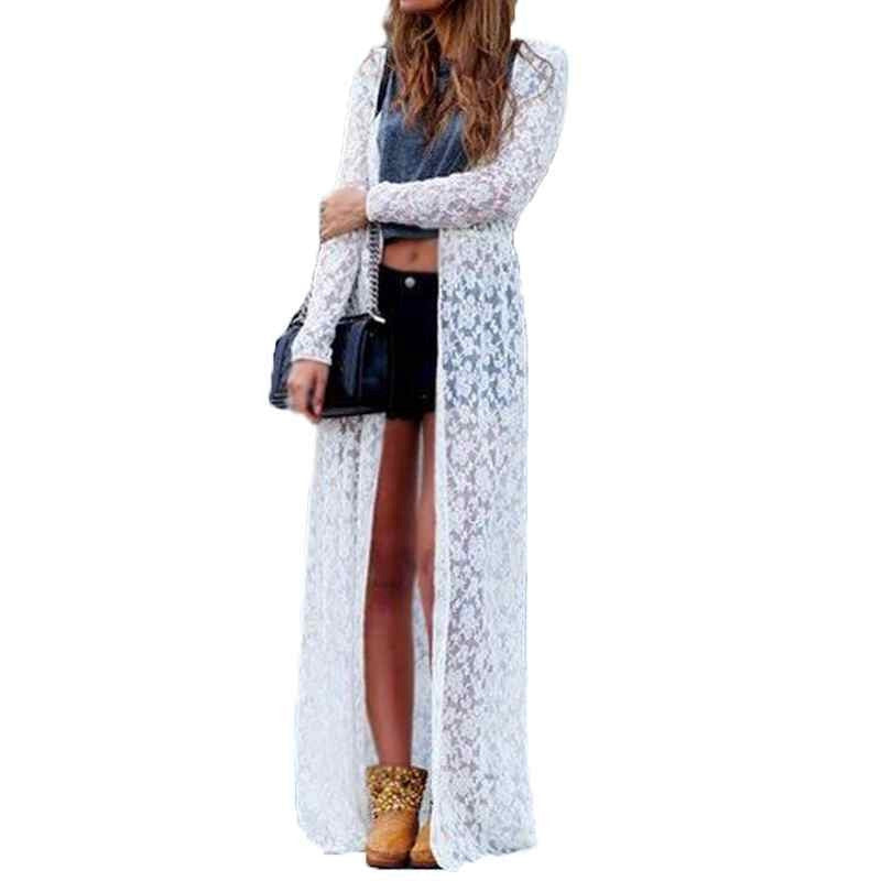 Women Outwear Lace Crochet Long Sleeve Beach Cardigan Casual Loose Long Blouses Tops Plus Size Shirts