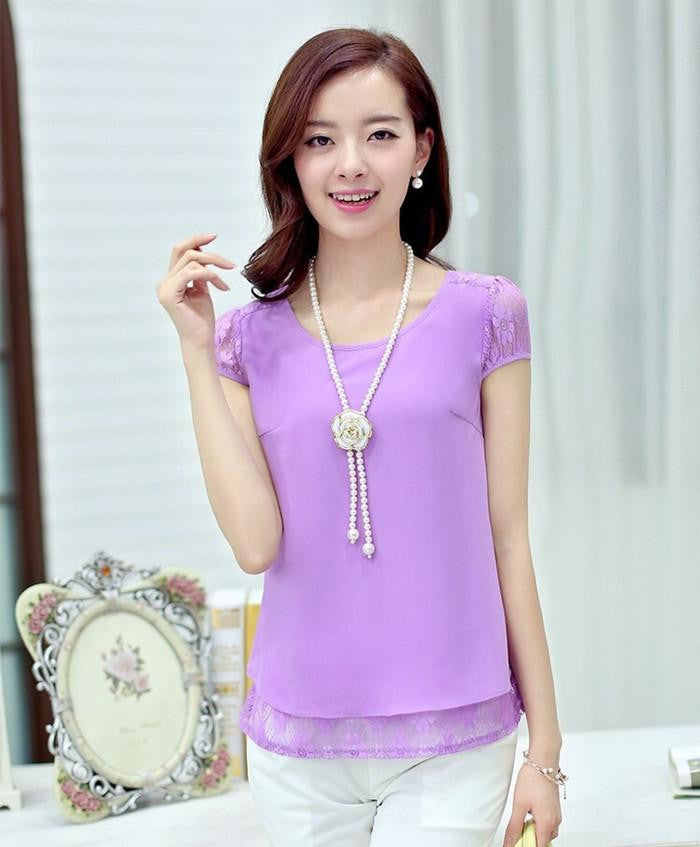 Womens Tops White Tees Crochet Lace Floral Shoulder Sleeve Loose Chiffon Blouses Female Shirts