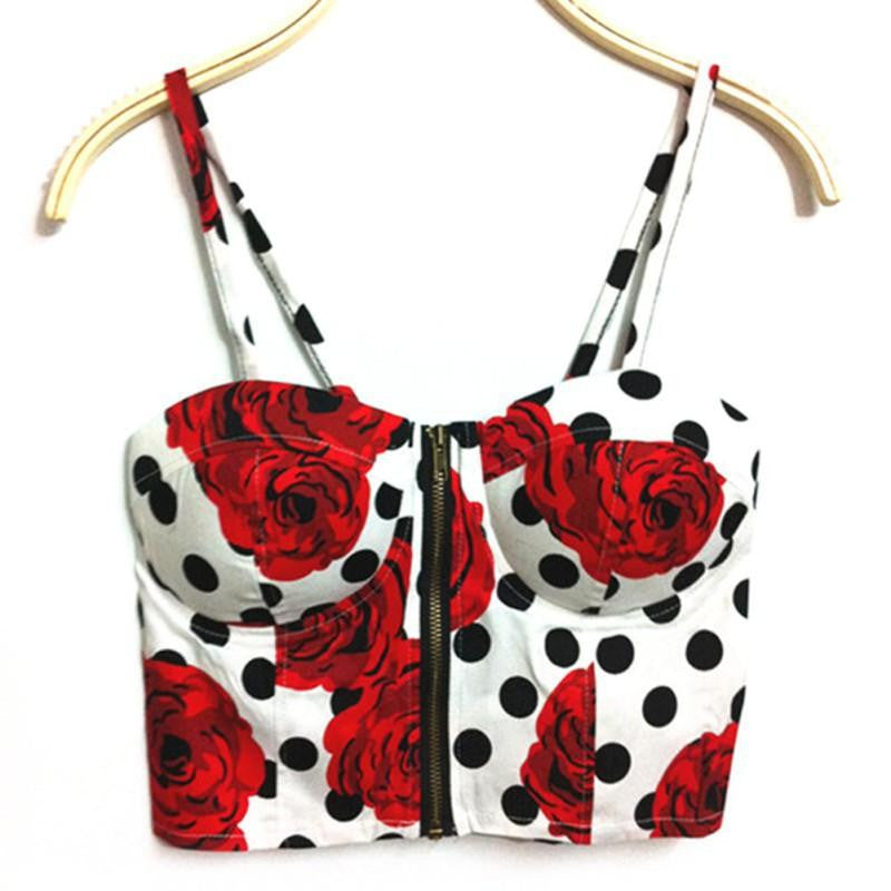 Women Zipper Vintage Floral Bustier Girls Cropped Tops Zipper Bra Crop Tank Tops