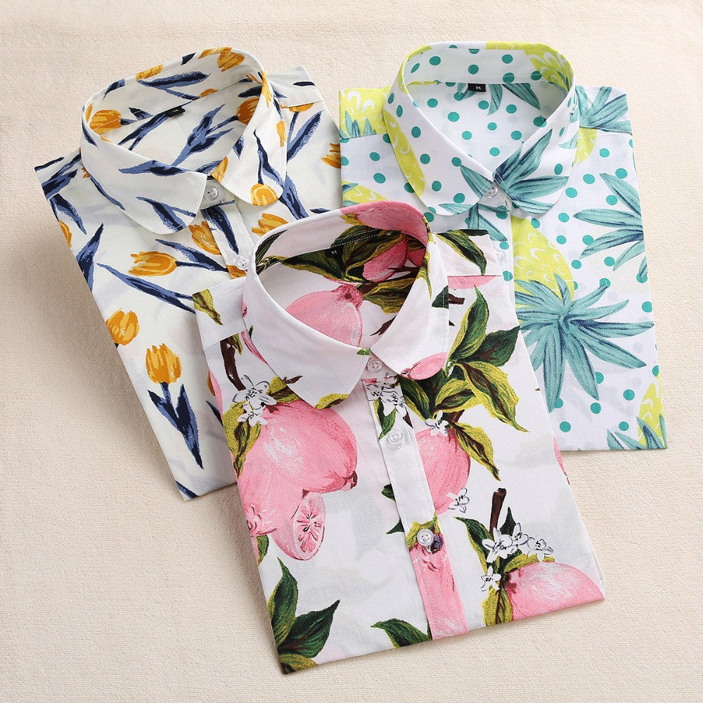 Online discount shop Australia - Lemon Floral Print Blouse Women Shirt Long Sleeve Cotton Blouse Turn Down Collar Women Tops And Blouses Fashion