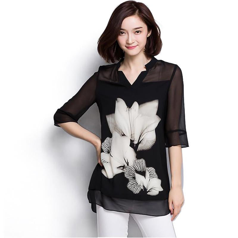 women chiffon Blouse large size Casual black Chiffon Floral Print V Neck long Sleeve Elegant shirts women