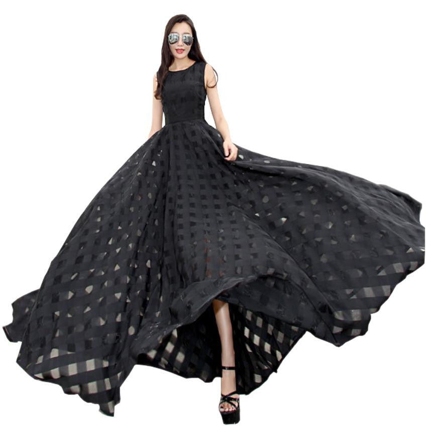 Women Summer Dress Elegant Ladies Vintage Black Organza Sleeveless Long Beach Maxi Dress Sundress Vestidos Femininos