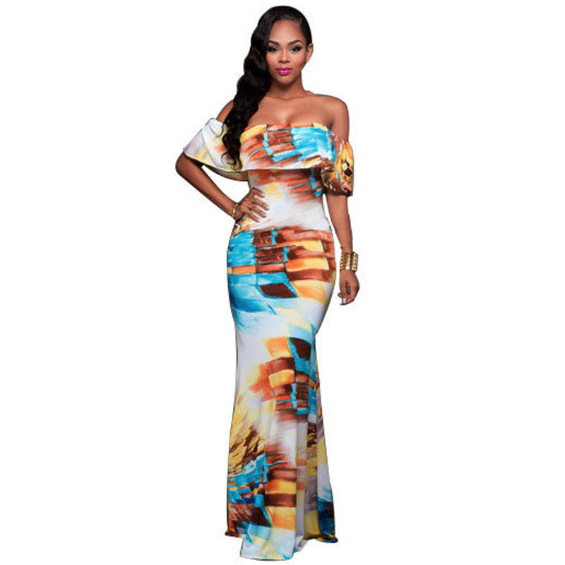 Online discount shop Australia - Fall Summer Ruffle Off Shoulder Maxi Dress Robe Sexy Party Dresses Backless Slim Elegant Vintage Floral Bodycon Long Dress