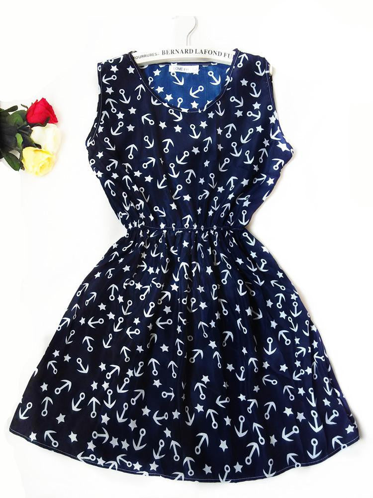 Women casual Navy Blue floral leopard sleeveless vest printed beach chiffon Stars dress vestidos nz18